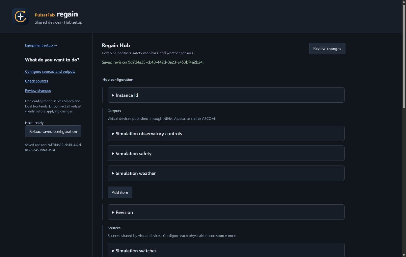 Regain Hub browser editor with explicitly simulated equipment.
