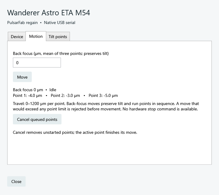 ETA M54 setup showing live read-only encoder positions on COM3