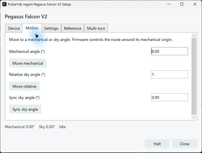 Native regain setup connected to a physical Pegasus Falcon V2, showing motion and sync controls.